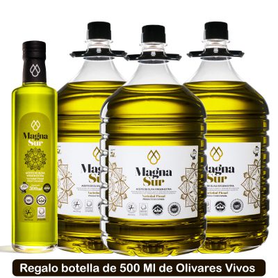 Botellas de 5 Litros de Aceite Oliva Virgen Extra Magnasur PET regalo de botella olivares vivos